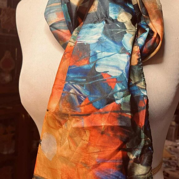 Abstract Art Scarf by Cleo – 2010s – Multicolor Silk Feel – Painterly Pattern - Picture 14 of 16